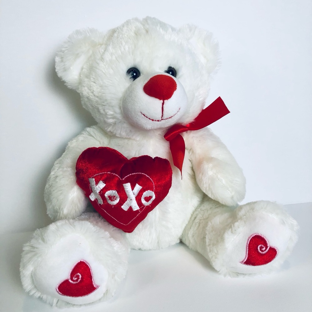 Valentines White Bear Plush Stuffed Animal Holding A Heart XXOO 16 Inches Long
